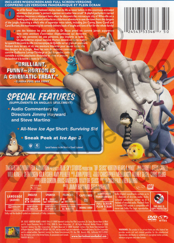      HORTON HEARS A WHO (WIDESCREEN A *NEW DVD 024543533450  