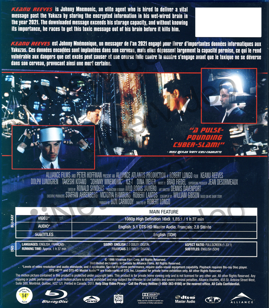 JOHNNY MNEMONIC (BLU RAY+DVD COMBO) (BLU RAY) *NEW BL 065935401926 